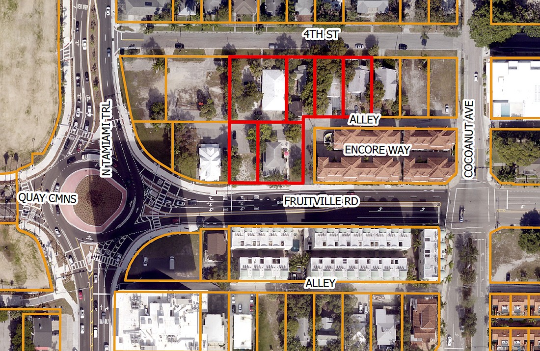 Outlined in red is the proposed site for a future development fronting Fruitville Road and Fourth Street near Tamiami Trail.