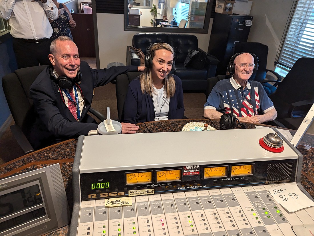 Toby Tobin (right) with his new co-host, Annamaria Long (center) and his first co-host, David Alfin (left), as they begin the 10th anniversary show of Real Estate Matters on WNZF NewsRadio. Photo by Brent Woronoff