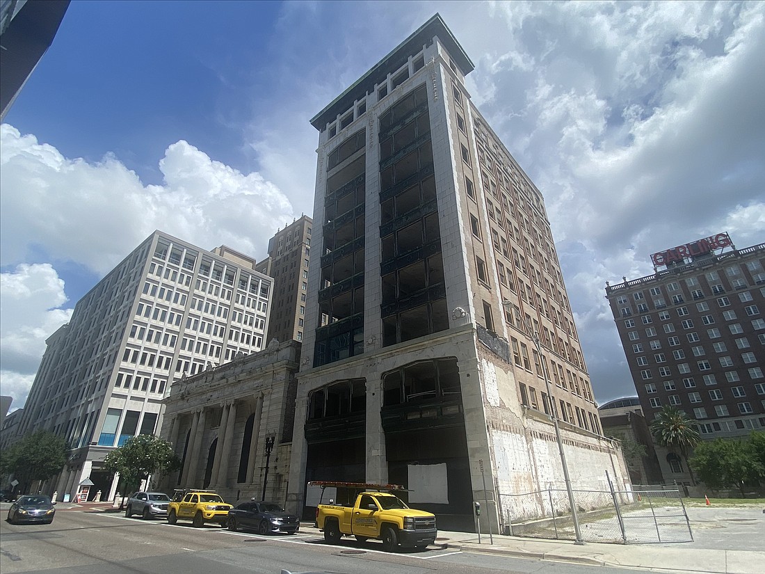 The Bisbee Building and Florida National Bank are shown July 3, 2024. Along with the Florida Life Insurance Building, they make up the Laura Street Trio. The buildings were among the first to be constructed in Downtown Jacksonville after the Great Fire of 1901 destroyed most of the city’s central business district.