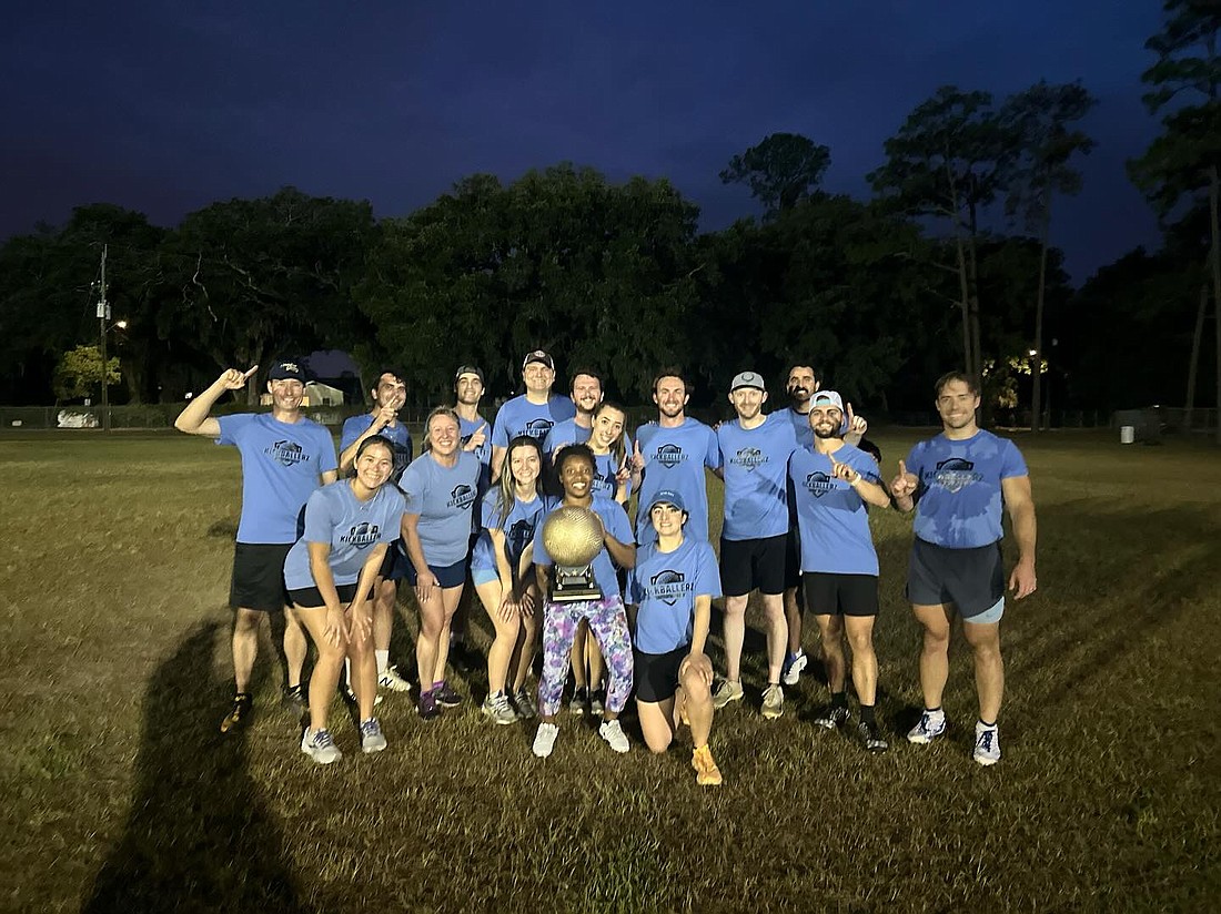 The KickBallerz return to the winners circle, capturing the 2024 Young Lawyers Section Kickball League Championship Trophy. Back row: Zach Poteet, Chris Hazelip, Jack Story, Nicholas McNamara, Kent Pederson, Bryce McColskey (captain), Ryan Dyson, Alan Ashurian, James McGuire and Jay Harrington. Front row: Saya Thomas, Michelle Waddell, Katherine Weaver, Vivian Williams, Rachel Rohrbach and Morgan Ashurian. Not pictured: John Scott and Mike Zeigerman.