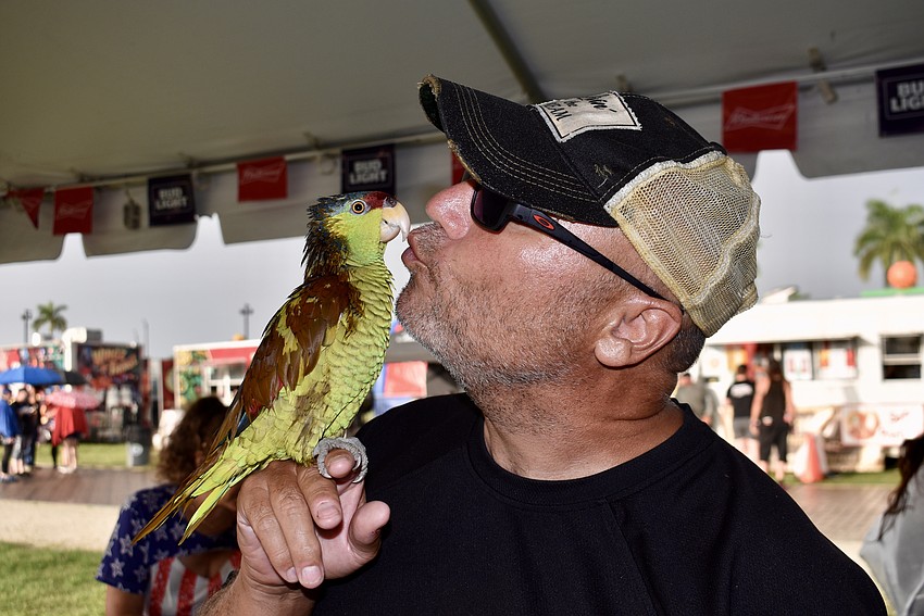 Taco, a lilac Amazon parrot, goes everywhere with owner Lyle Pohlen.