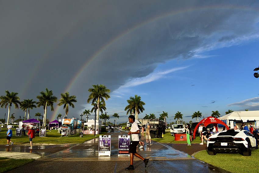 The storm leaves behind a double rainbow.