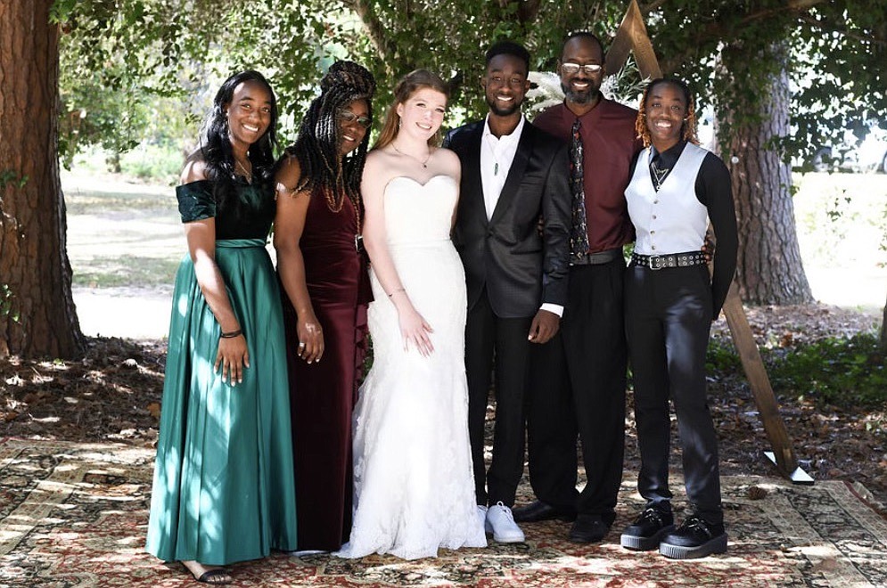 Clynton Byer had a bad case of pancreatitis months after heart transplant surgery, but he was able to attend his son's wedding on Oct. 29, 2023 in Georgia. From left: Stacy Byer; Lisa Byer; bride and groom Elizabeth and Carlyle Byer, Clynton Byer and Danyelle Byer. Courtesy photo