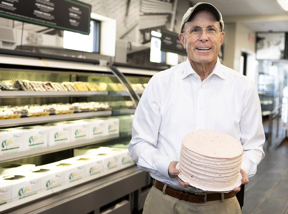 Jeff Mount, previous owner of Wright's Gourmet House, poses with a cake.