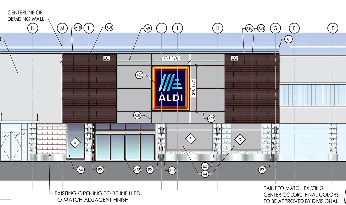 Plans show the new entrance for the Harveys Supermarket being converted into an Aldi at 2261 Edgewood Ave. W. in the Edgewood Square Shopping Center.