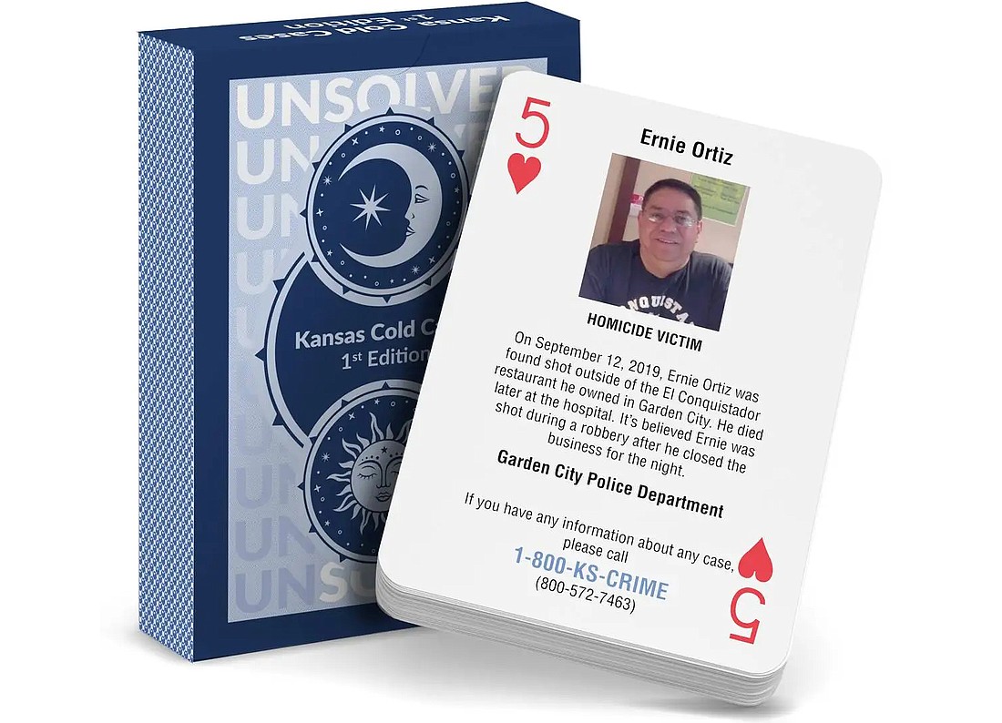 A cold case playing card displays information about Ernie Ortiz, a homicide victim in Kansas whose alleged killer was arrested after a tip came from someone using the deck of cards.