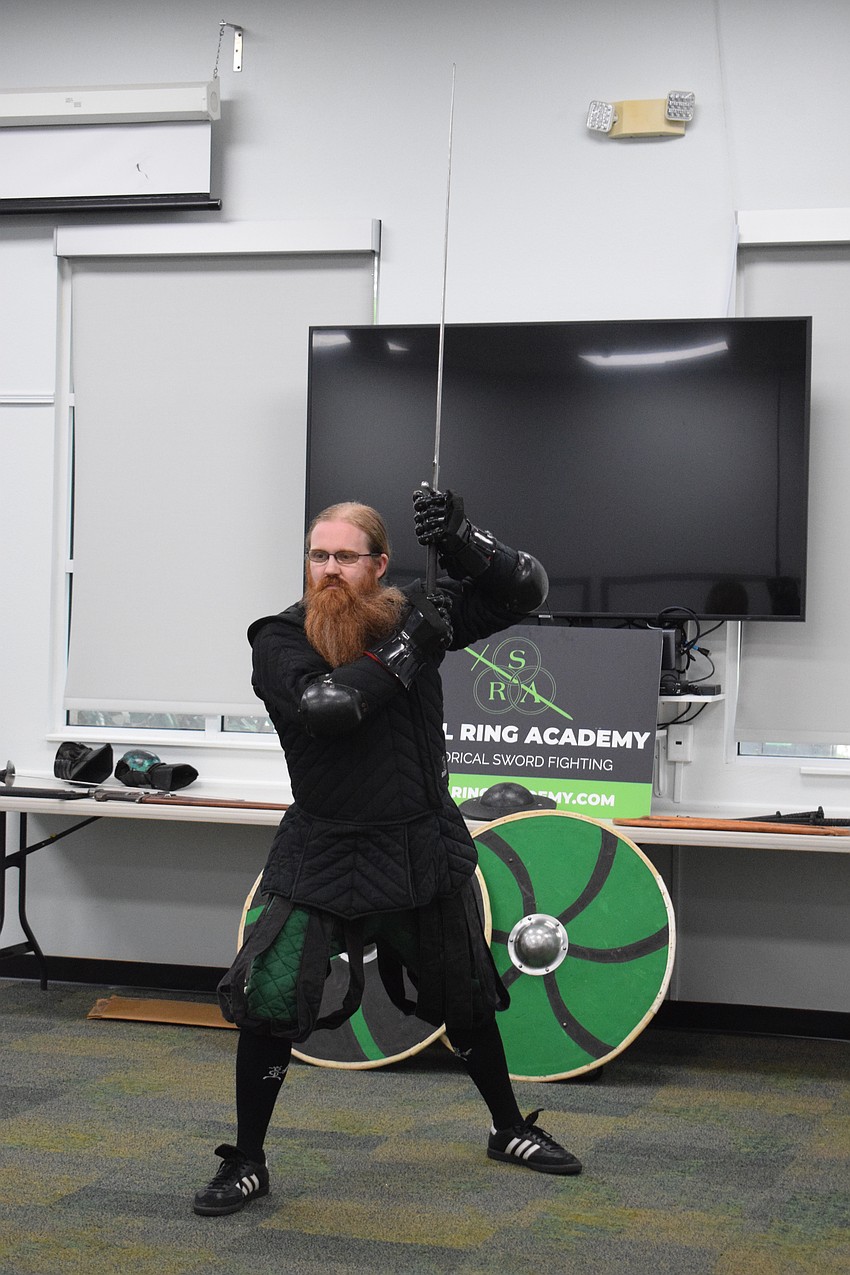 Jason Callis, the founder and owner of Steel Ring Academy, demonstrates the roof stance.