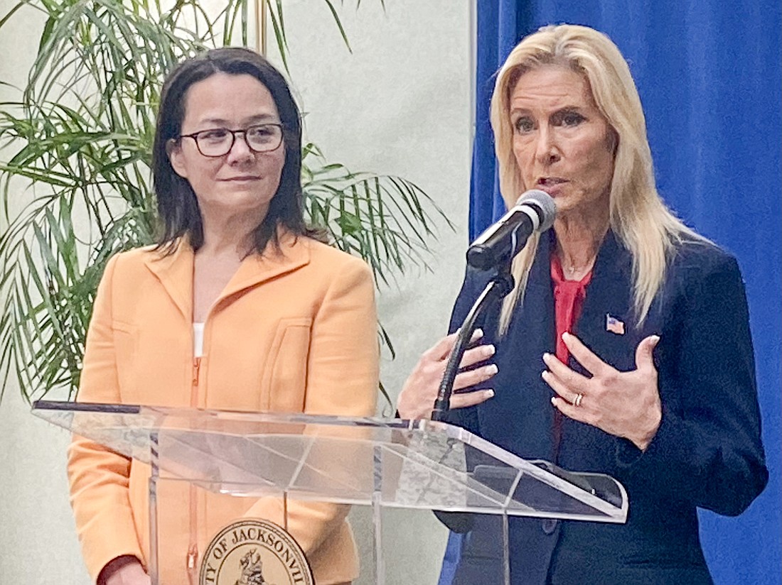 Jacksonville Mayor Donna Deegan, right, discusses her proposed $1.92 billion city budget and five-year Capital Improvement Plan on July 15 as her chief financial officer, Anna Brosche, looks on. Deegan took questions from reporters in the City Hall rotunda after presenting the budget to City Council.