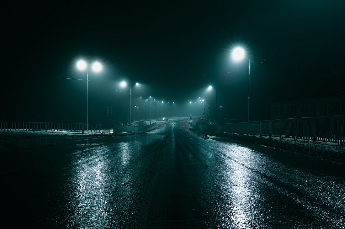 Night street at night in fog