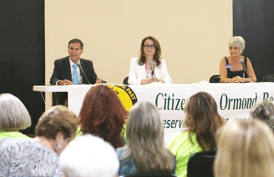 Carl Persis, Sarah Marzilli and Donna Brosemer participate in the Citizens For Ormond Beach candidates forum on Wednesday, July 17.