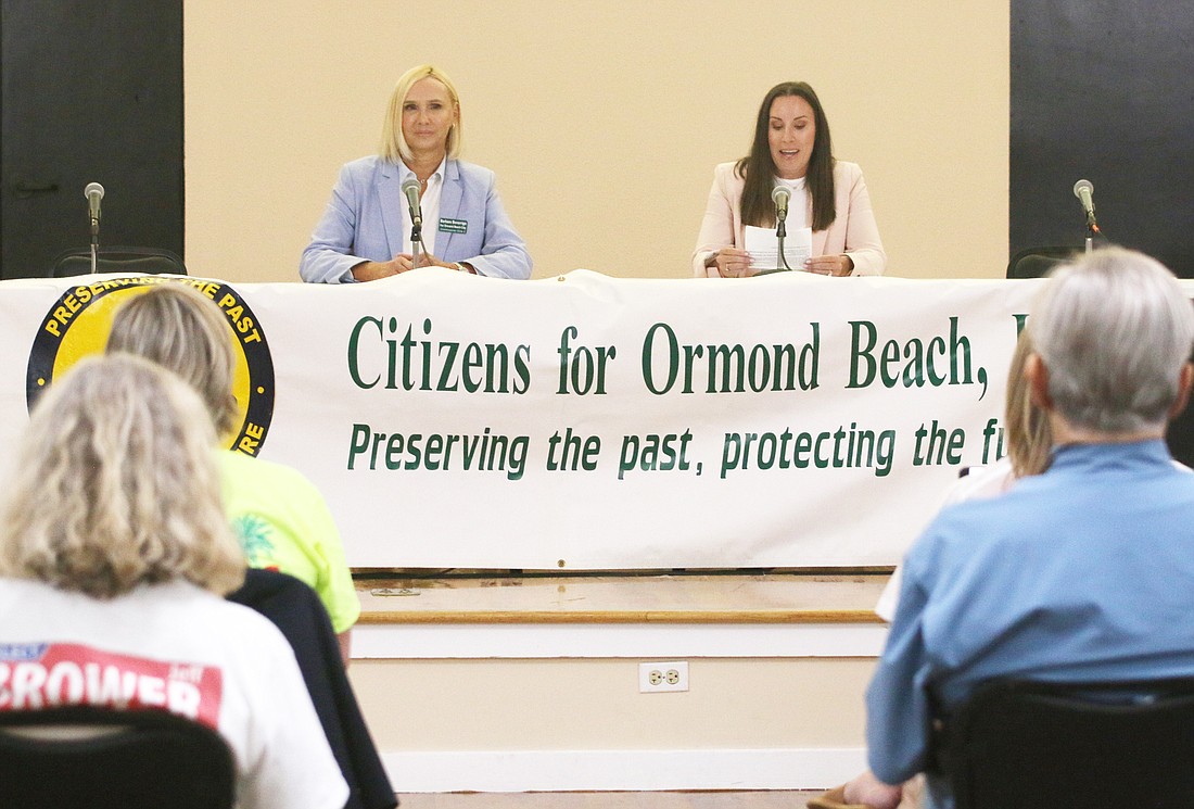 Barbara Bonarrigo and Kristin Deaton participate in the Citizens For Ormond Beach forum on Wednesday, July 17. Photo by Jarleene Almenas