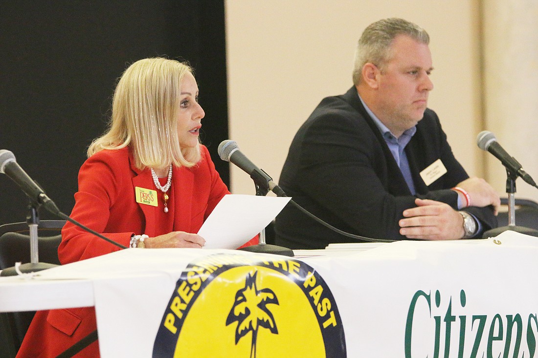 Susan Persis and Jason Leslie participate in the Citizens For Ormond Beach candidates forum on Wednesday, July 17. Photo by Jarleene Almenas