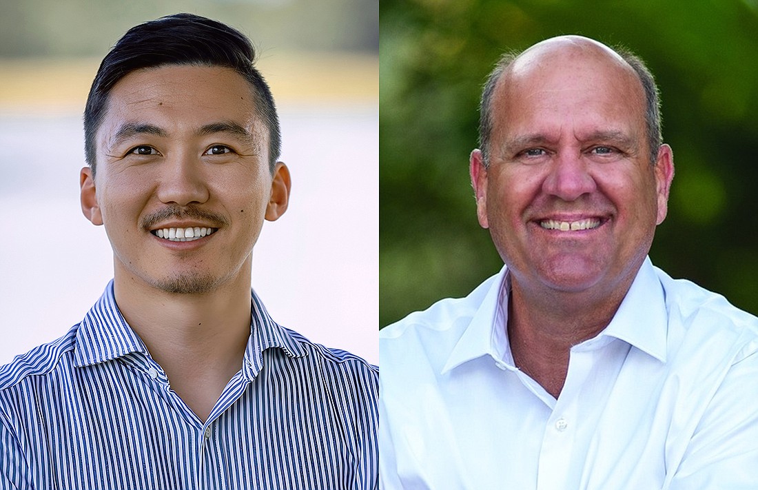 Three Republican candidates — CJ Blancett, Bowen Kou, left, and Keith Truenow, right — are running for the Florida State Senate District 13 seat in the Aug. 20 primary.