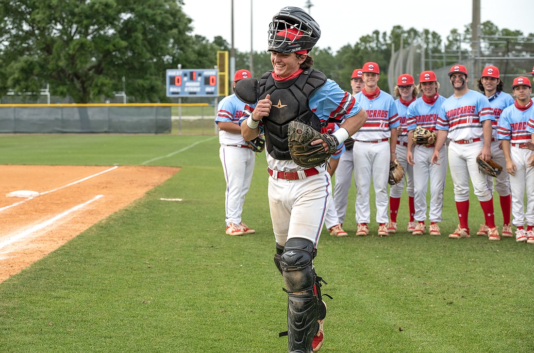 Catcher Canyon Brown heads to his position behind the plate in a game during his senior season at Seabreeze in 2021. Brown signed with the Kansas City Royals after being selected in the ninth round of the MLB draft on July 15. File photo by Michele Meyers.