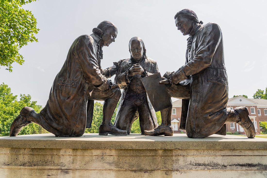 This bronze statue by sculptor Stan Watts of Founding Fathers John Adams, Benjamin Franklin and Thomas Jefferson kneeling in prayer is at Freedoms Foundation of Valley Forge, Pennsylvania.