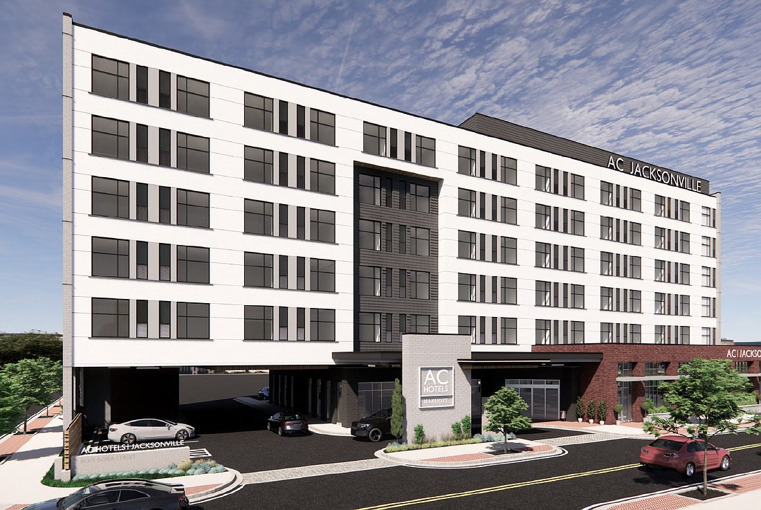 A rendering of the front of the AC Hotel by Marriott planned at 800 Dora St.