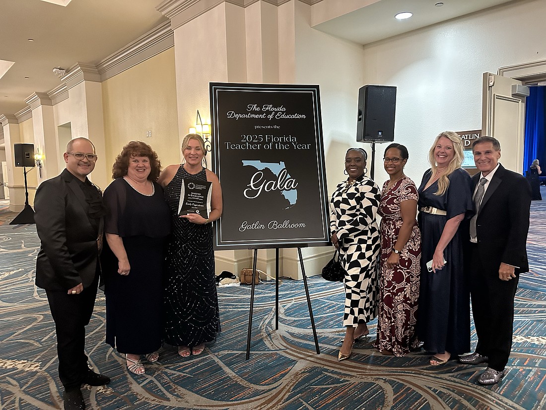 Dr. Julio Nazario-Valle, chief academic officer; Jamie Haynes, Volusia County School Board Chair; Emily Fagerstrom, Volusia County Schools 2025 Teacher of the Year; Angie Polite, principal at Champion Elementary School; Stephanie C. Parks, assistant director at FUTURES Foundation; Shimene Shepard, executive director at FUTURES Foundation; and Carl Persis, Volusia County School Board member. Courtesy photo