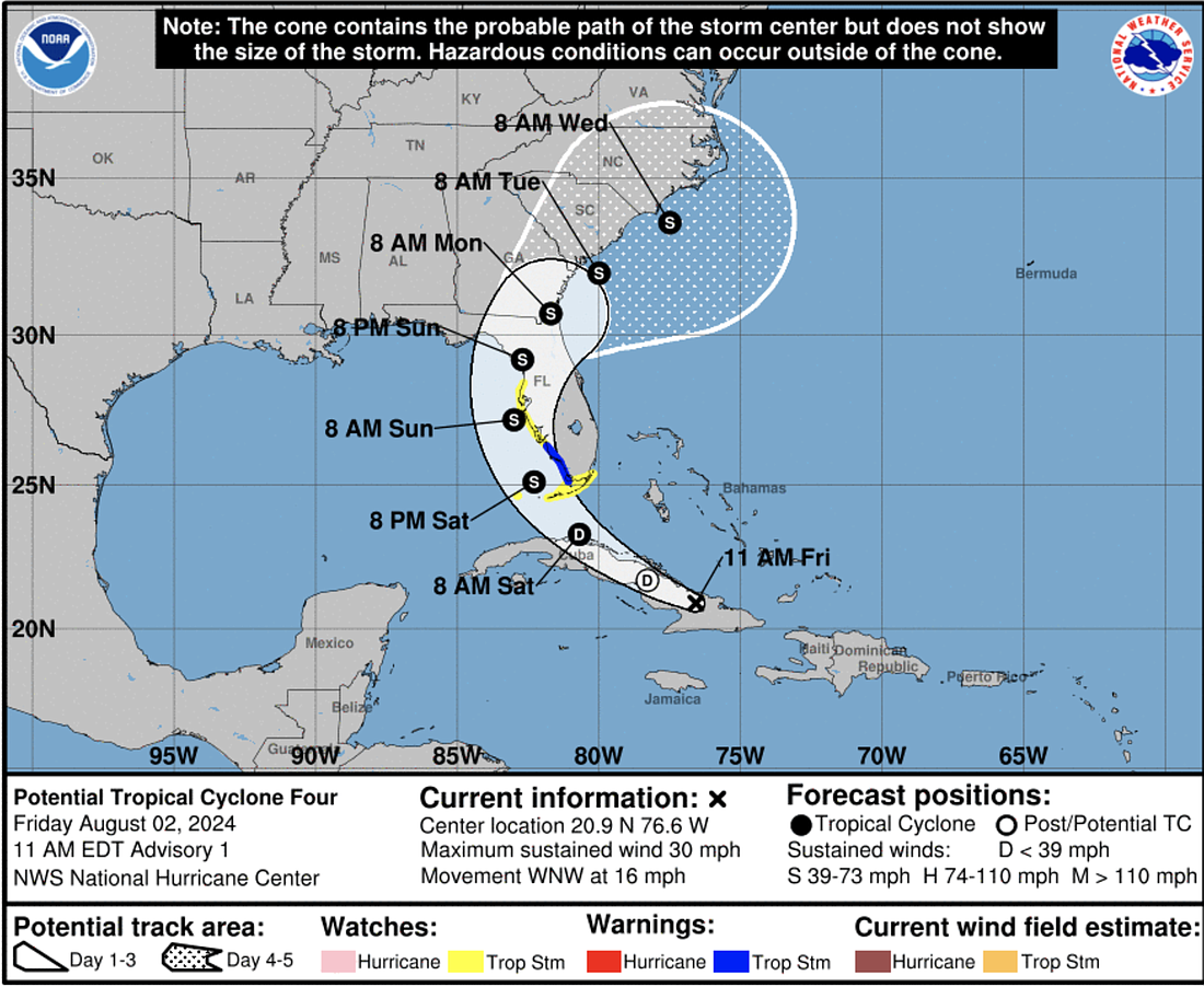 Tropical Cyclone 4 may impact the west coast of Florida sometime late Sunday to early Monday, according to the National Weather Service. Graphic courtesy of the National Hurricane Center