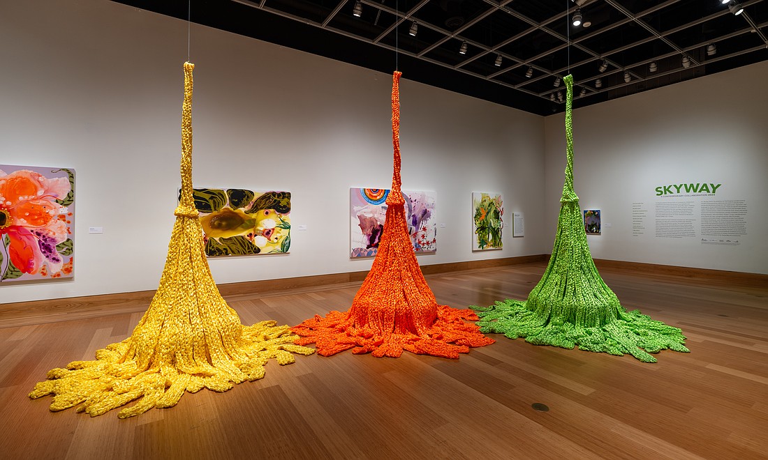 Akiko Kotani's 2023 work of crocheted crepe satin, "Neon Forest," is on display at The Ringling Museum's "Skyway" exhibition through Jan. 26.