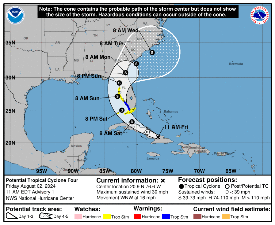 The potential track of the storm according to the National Hurricane Center advisory at 11 a.m. on Aug. 2.