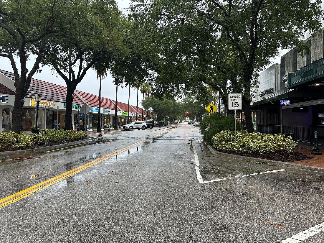 Main Street in downtown Sarasota was nearly empty at 10 a.m. on Monday after Tropical Storm Debby dumped a foot of rain in some areas of Sarasota County.