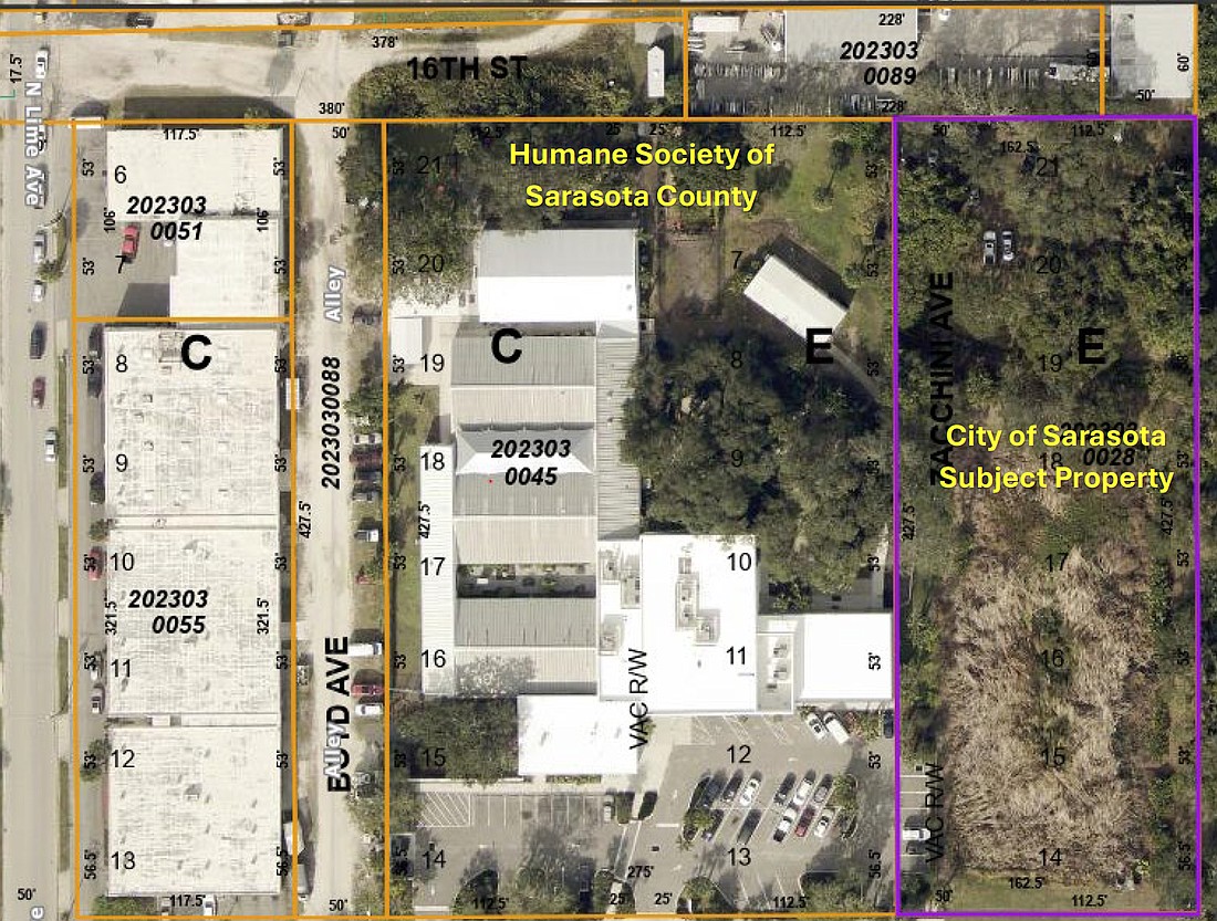 The Humane Society of Sarasota County wants to purchase a 1.6-acre city-owned site to create a dog walking path. The bottom portion of the site is a Sarasota County stormwater retention easement.