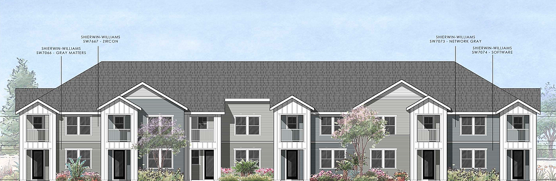 This image shows an example of one of the proposed front elevations for a six-plex.