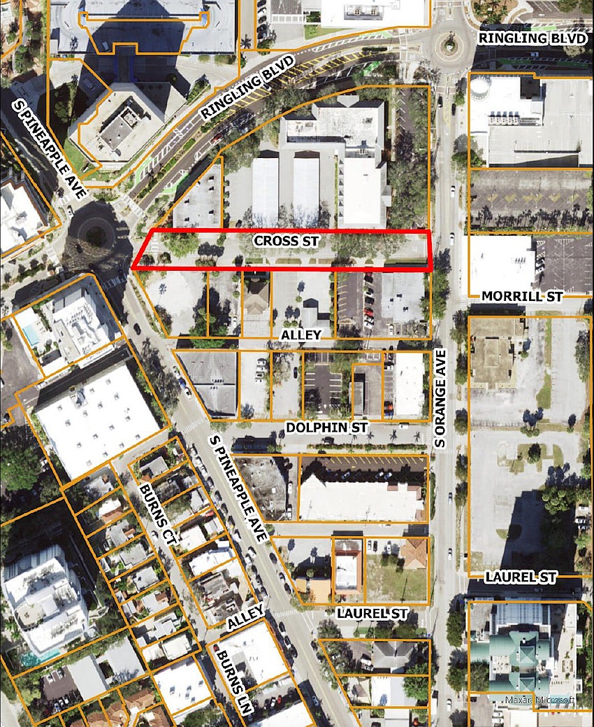 Cross Street, highlighted in red, bisects property to be redeveloped by Orange Pineapple LLC, which extends from Ringling Boulevard to the alley between Cross and Dolphin Streets.