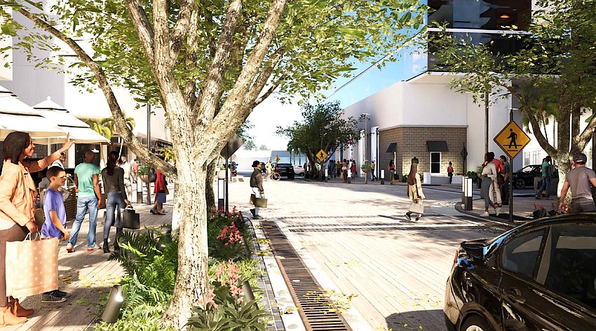 A conceptual rendering of Cross Street by Hoyt Architects shows homage paid to the McAlpin House incorporated into the facade of the building on the right.