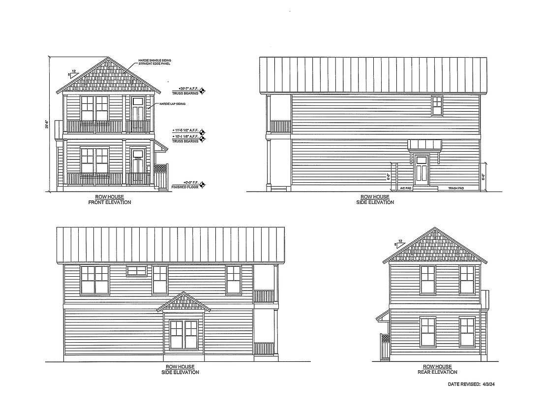 The two-story row homes would feature a great room, kitchen, bedroom and bathroom on the first floor, and two bedrooms, two bathrooms, a laundry room and office on the top floor.