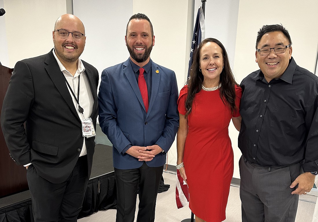 The Observer hosted a live debate with Austin Arthur, second from left, and County Commissioner Nicole Wilson. With them are moderator Sam Albuquerque and Observer Editor and Publisher Michael Eng.