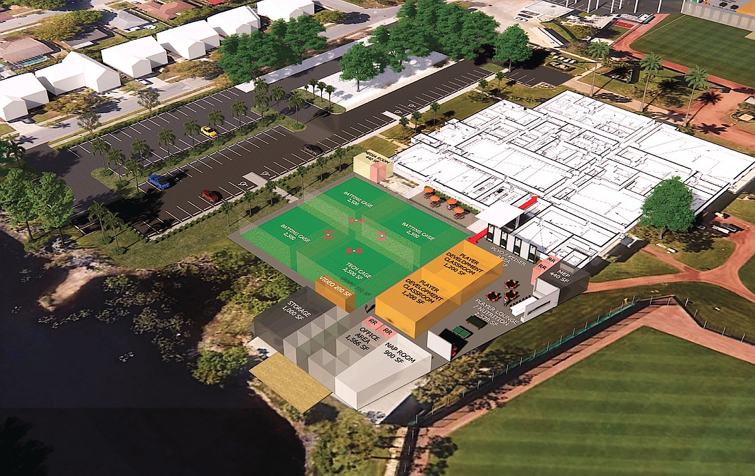 In this rendering by Fawley Bryant Architecture, the Baltimore Orioles player development facility is proposed just south of the current clubhouse, shown in white, with expanded parking along North Euclid Avenue.