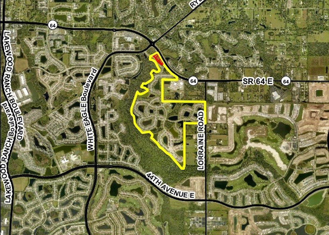 Savanna at Lakewood Ranch is outlined in yellow. The red area is where the commercial building and daycare will be built.