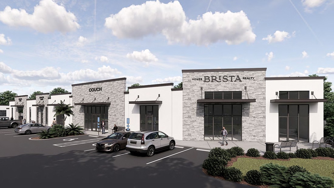 A rendering shows the Brista Homes office and Couch space in the Brista Commons plaza.