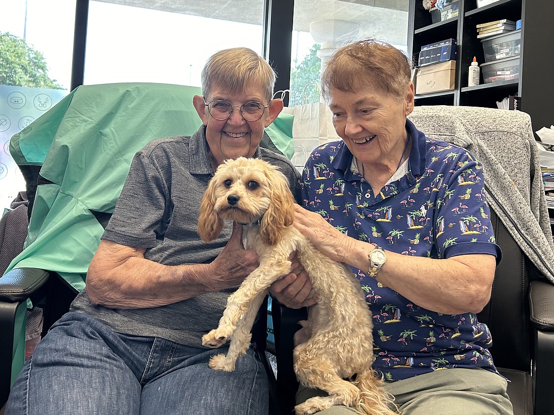 Peggy Cunningham (left) and Barbara Laska, franchisees for the dog day care Dogtopia of Jacksonville Beach Boulevard, with their Cavapoo, Micah, at the facility at 11300 Beach Blvd. in the St. Johns Square 1 Plaza.