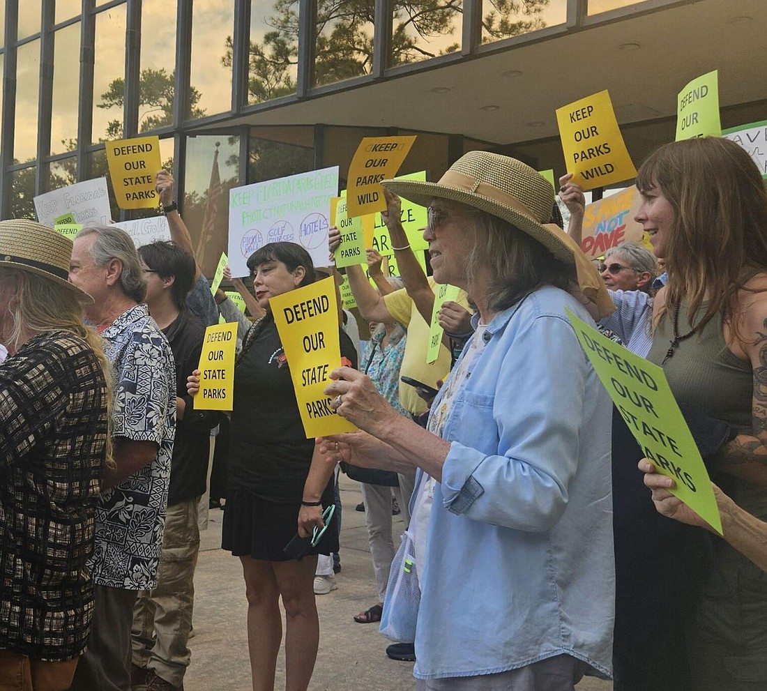 Opponents rallied Tuesday in Tallahassee against a plan to put golf courses, lodges and pickleball courts in state parks. Jim Turner/News Service of Florida