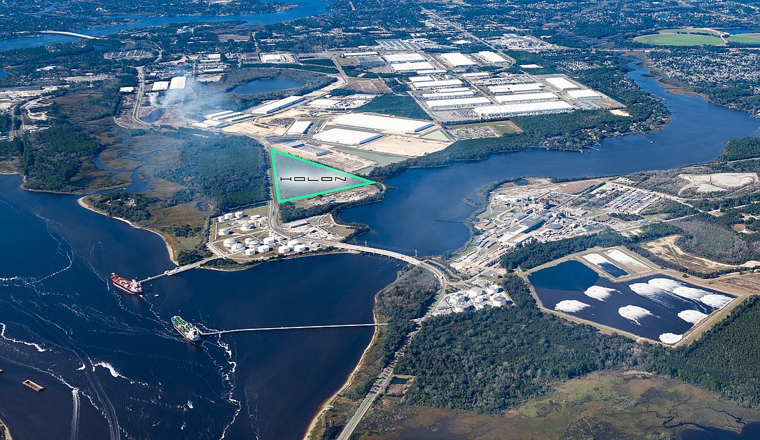 An aerial image of the Holon factory site in North Jacksonville. It will be built in the Imeson Park South industrial park about 3 miles east of the Jacksonville Zoo along the St. Johns River.