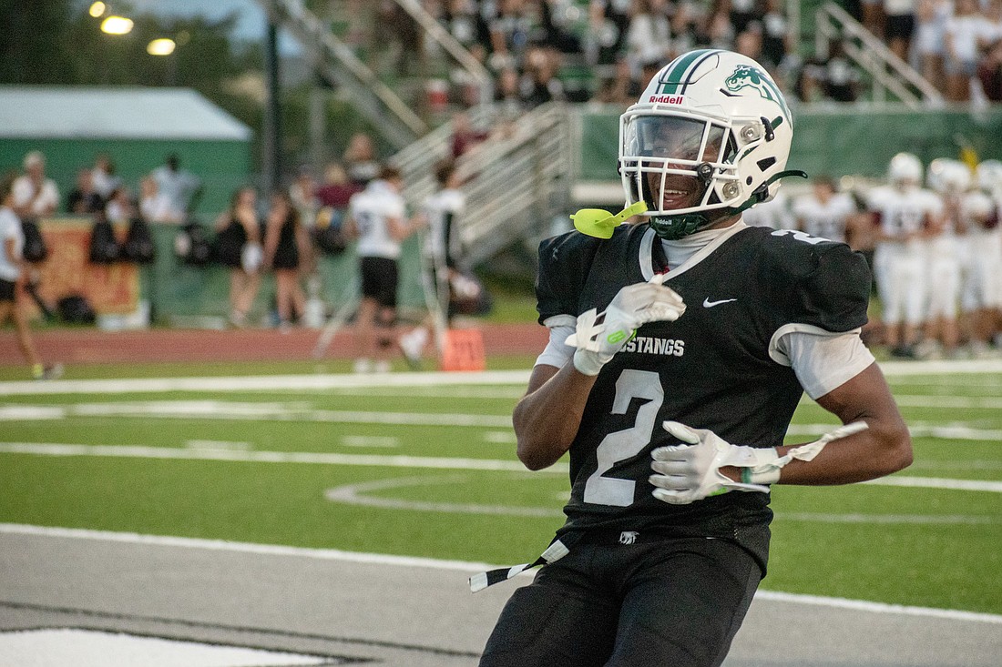 Lakewood Ranch senior Cullen McRae II dances after scoring a second-quarter touchdown against Braden River. McRae finished with two touchdowns.
