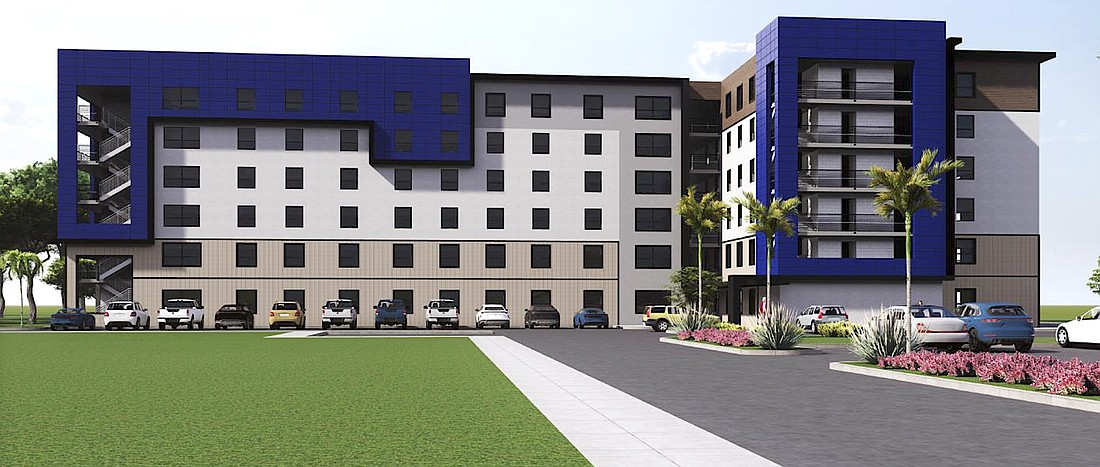 A rendering of one of two buildings planned for affordable and workforce rental housing in Sarasota Station.