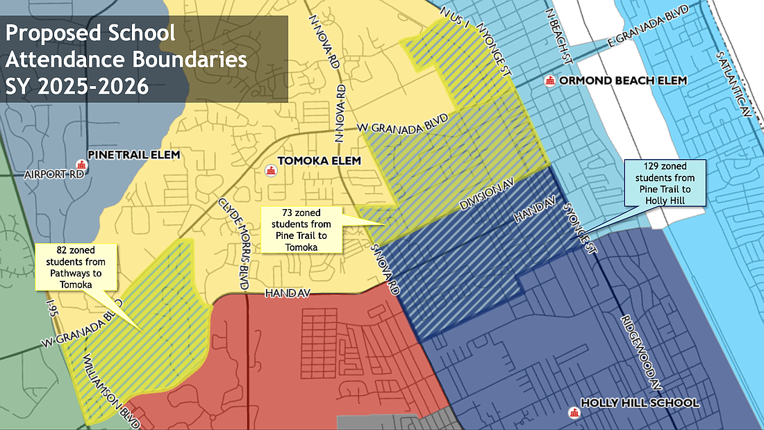 A map showing proposed student rezonings in Ormond Beach. Courtesy of Volusia County Schools