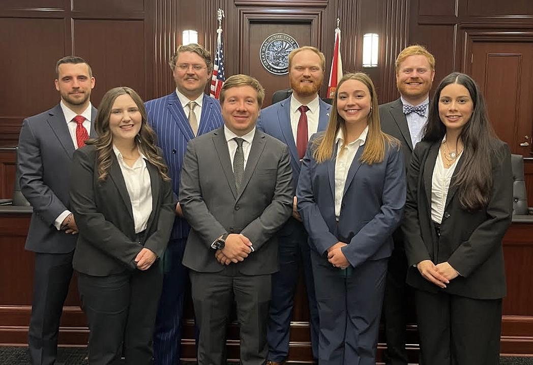 The Jacksonville University College of Law Mock Trial Team, from left, Ryan Milovich, Grace Lawson, Bryce Richardson, Aleksandr Borger, Andrew-Paul Griffis, Randi Alt, Thomas Shoemaker and Susan Cavailhon. Not pictured: Audrey Shannon, Jake Navin and coach and adjunct professor Katelyn Johnston.