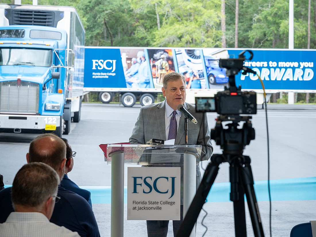 Florida State College at Jacksonville President John Avendano introduces the college’s expanded Commercial Vehicle Driving program in Nassau County.