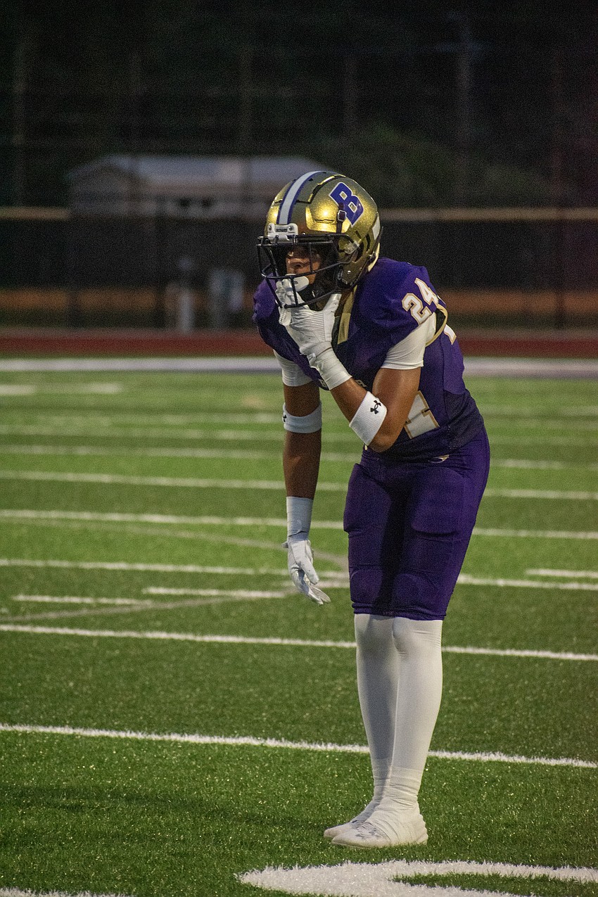 Booker High junior defensive back Rex Schwartz locks onto his opposing wide receiver against Carrollwood Day School. Schwartz would finish with an interception.