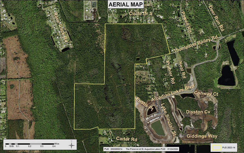 An aerial map of the proposed The Preserve at St. Augustine Lakes. The property is south of Florida 16 and west of North Holmes Boulevard.