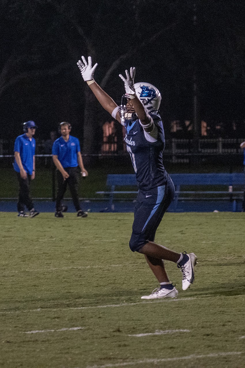 ODA senior Frankie Clark celebrates after ODA recovered a Sarasota Christian fumble late in the game.