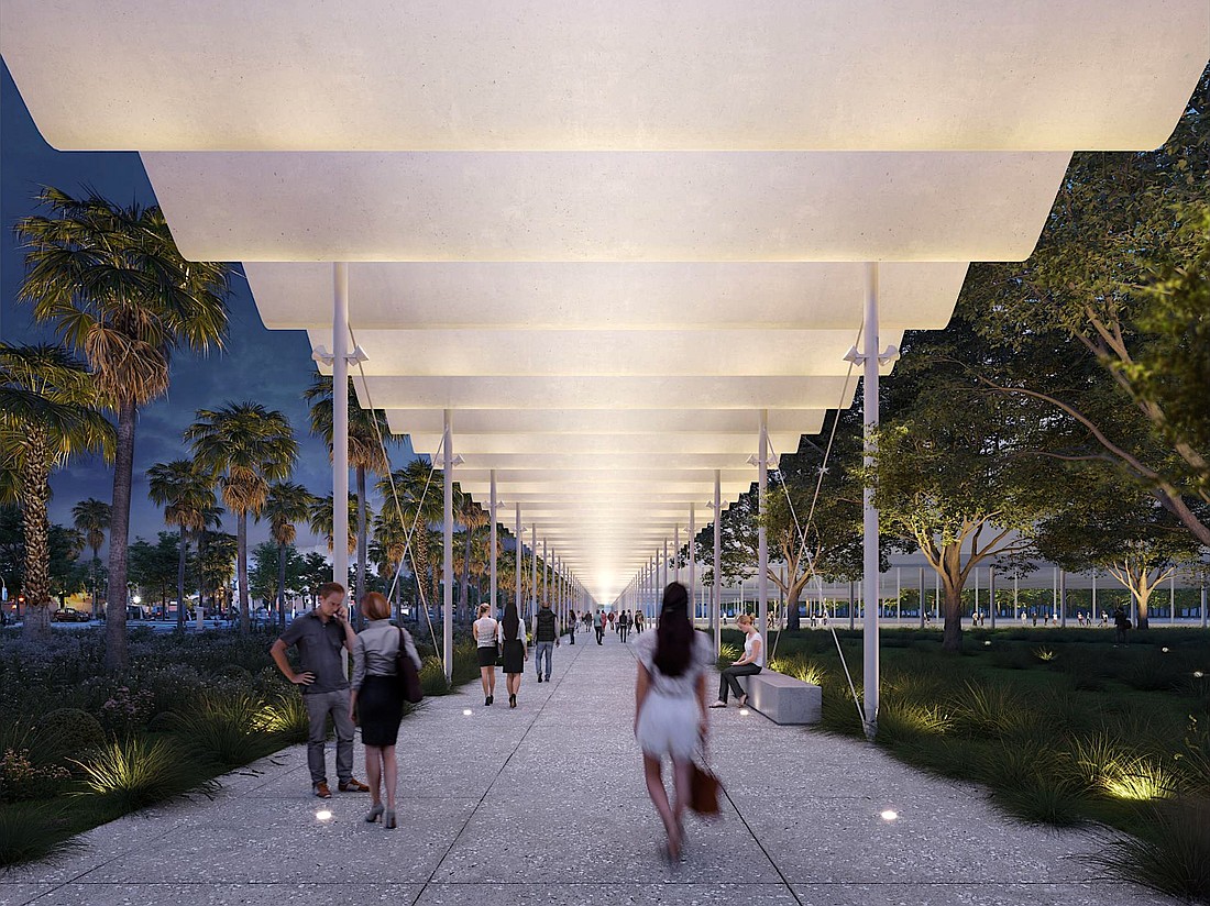 Renzo Piano Building Workshop's rendering of the “cultural promenade,” a shaded walkway along Tamiami Trail at night.