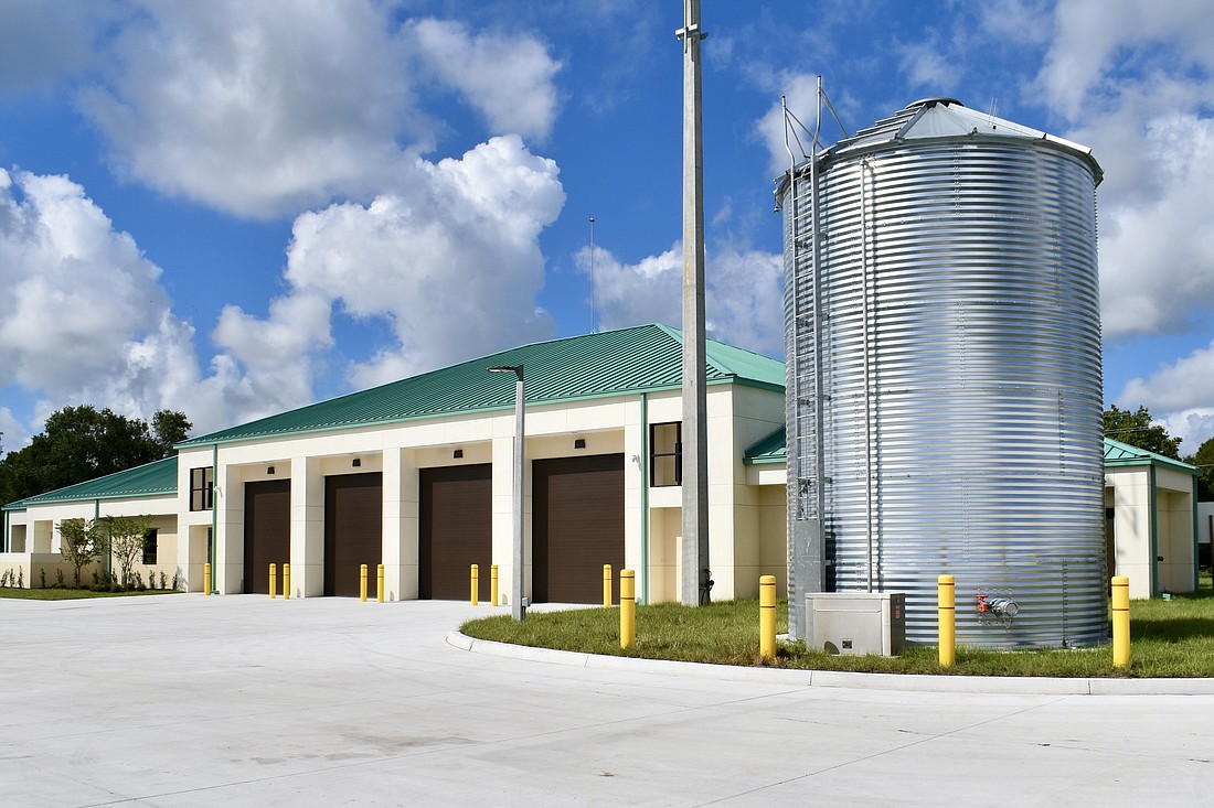 A 30,000-gallon water tower sits towards the back of the station. It supplies water for the station's emergency sprinkler system.