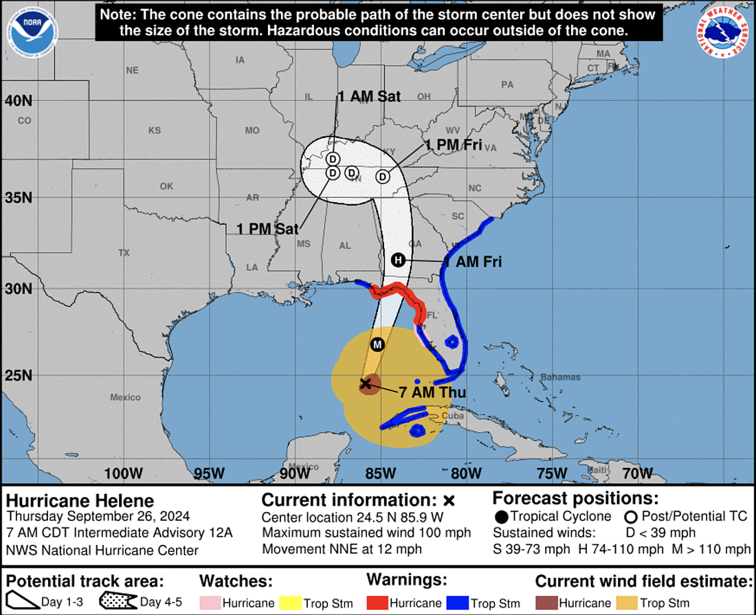 Hurricane Helene's impacts could start being felt in Volusia County around early afternoon Thursday. Image courtesy of the National Hurricane Center