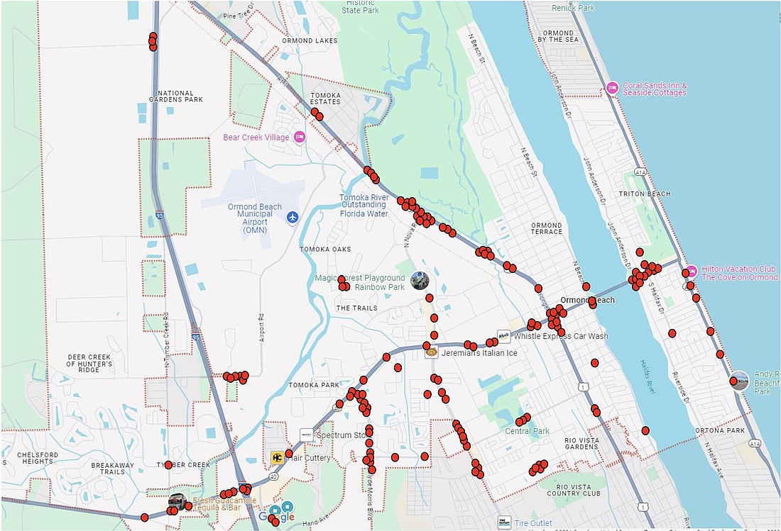 A map showing the locations of all 158 traffic stops. Courtesy of OBPD/Facebook