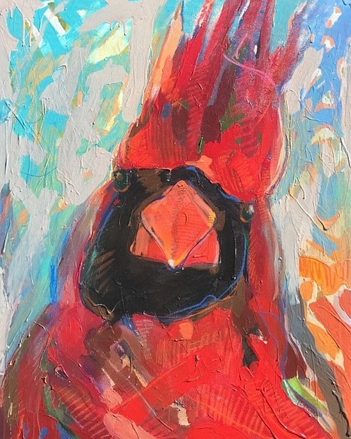 Cardinal in Snow was painted by Sarasota artist Tim Jaeger in acrylic and oil on canvas.